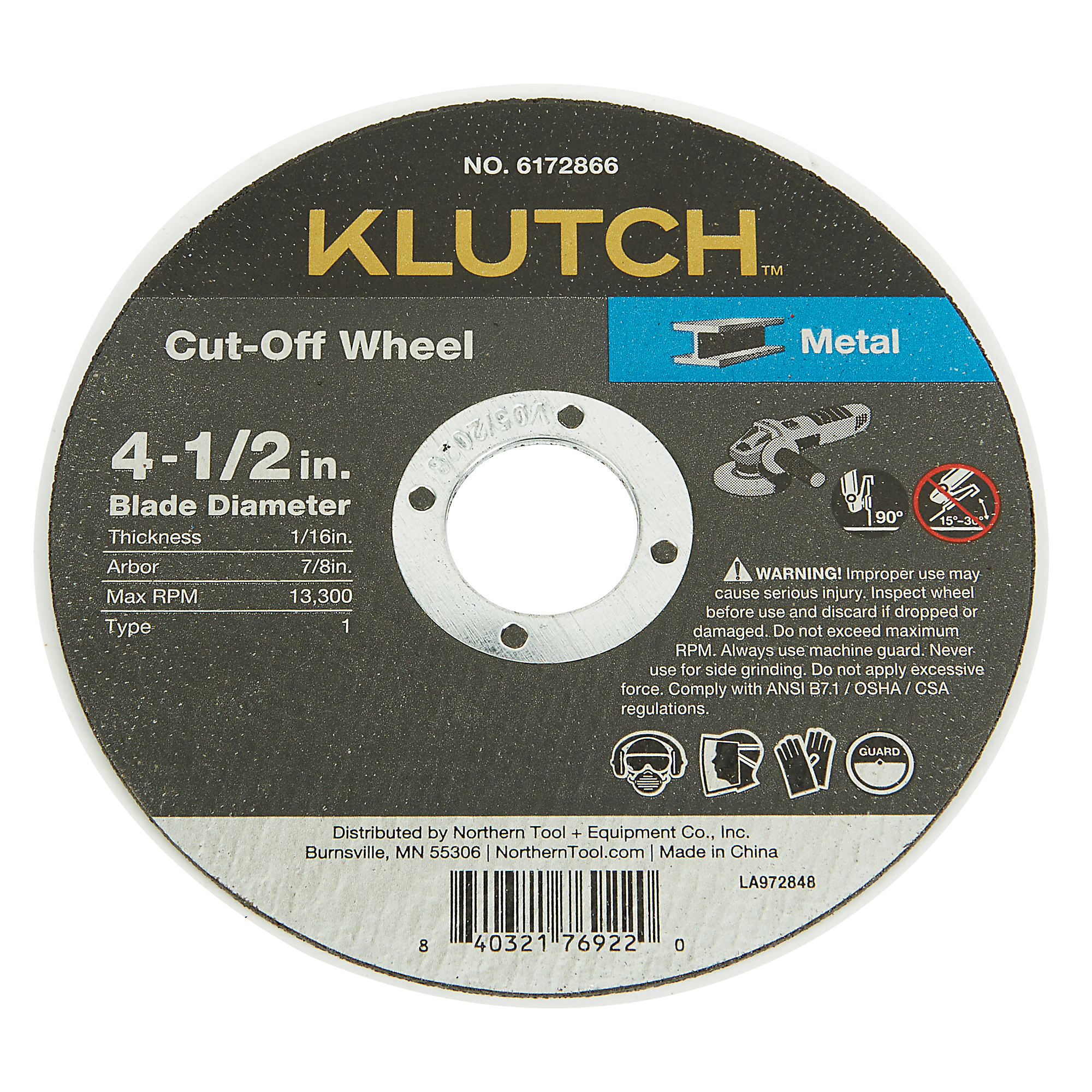 Klutch RCB Metal Cutoff Wheel, 4-1/2in. x 1/16in. x 7/8in., Type 1
